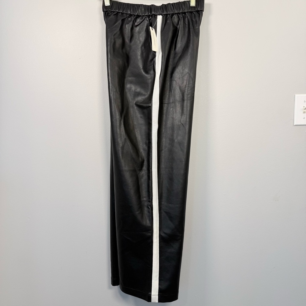 Anthro x Maeve Faux Leather Pull On Track Pant Black White Stripe Wide Leg S NWT